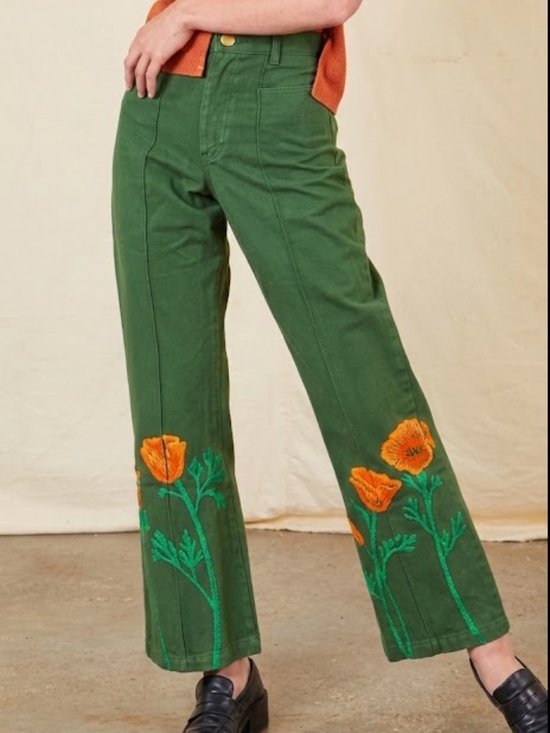 Big Bud Press Pants - Big Bud Press Western California Poppy Green Floral Embroidered Wide-Leg Pants S
